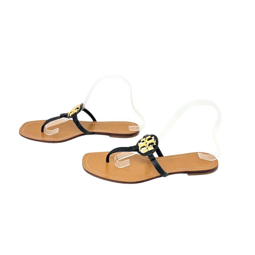 Tory Burch Mini Miller Sandals Black Leather Logo Thong Size 8.5 - Picture 4 of 10